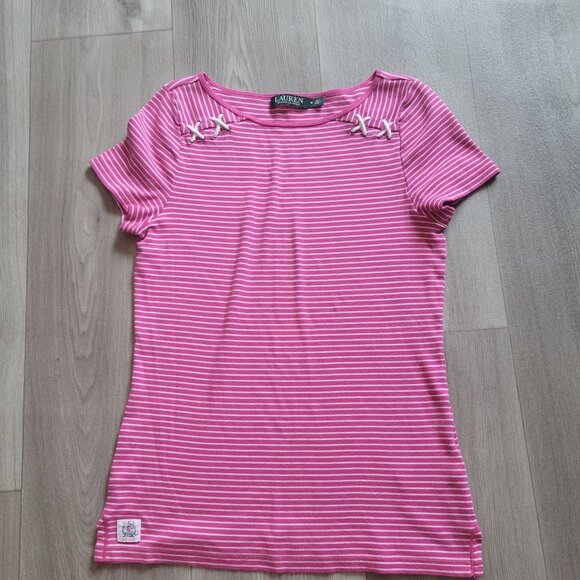 Lauren Ralph Lauren Pink Striped Womens Top With White Bow Accents Size M - Picture 4 of 5